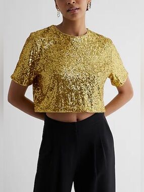 Express Gold Sequin Short Sleeve Crop Top